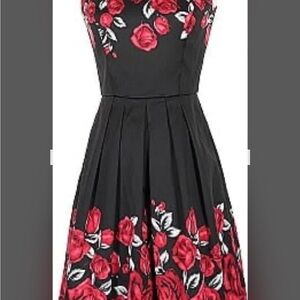 White House Black Market Black Midi Dress with Red Floral Pattern